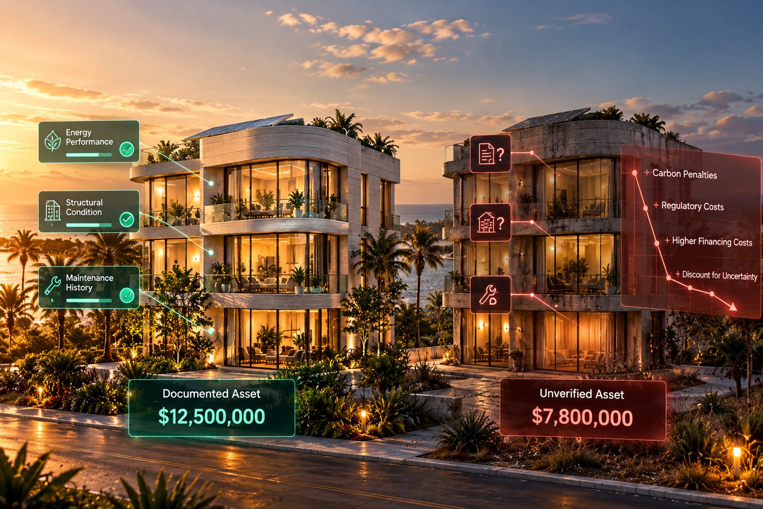 Split view of two identical coastal buildings at dusk: the left documented, with verified energy, structural and maintenance records and a $12.5M valuation; the right unverified, carrying carbon penalties, regulatory costs and higher financing costs, valued at $7.8M.