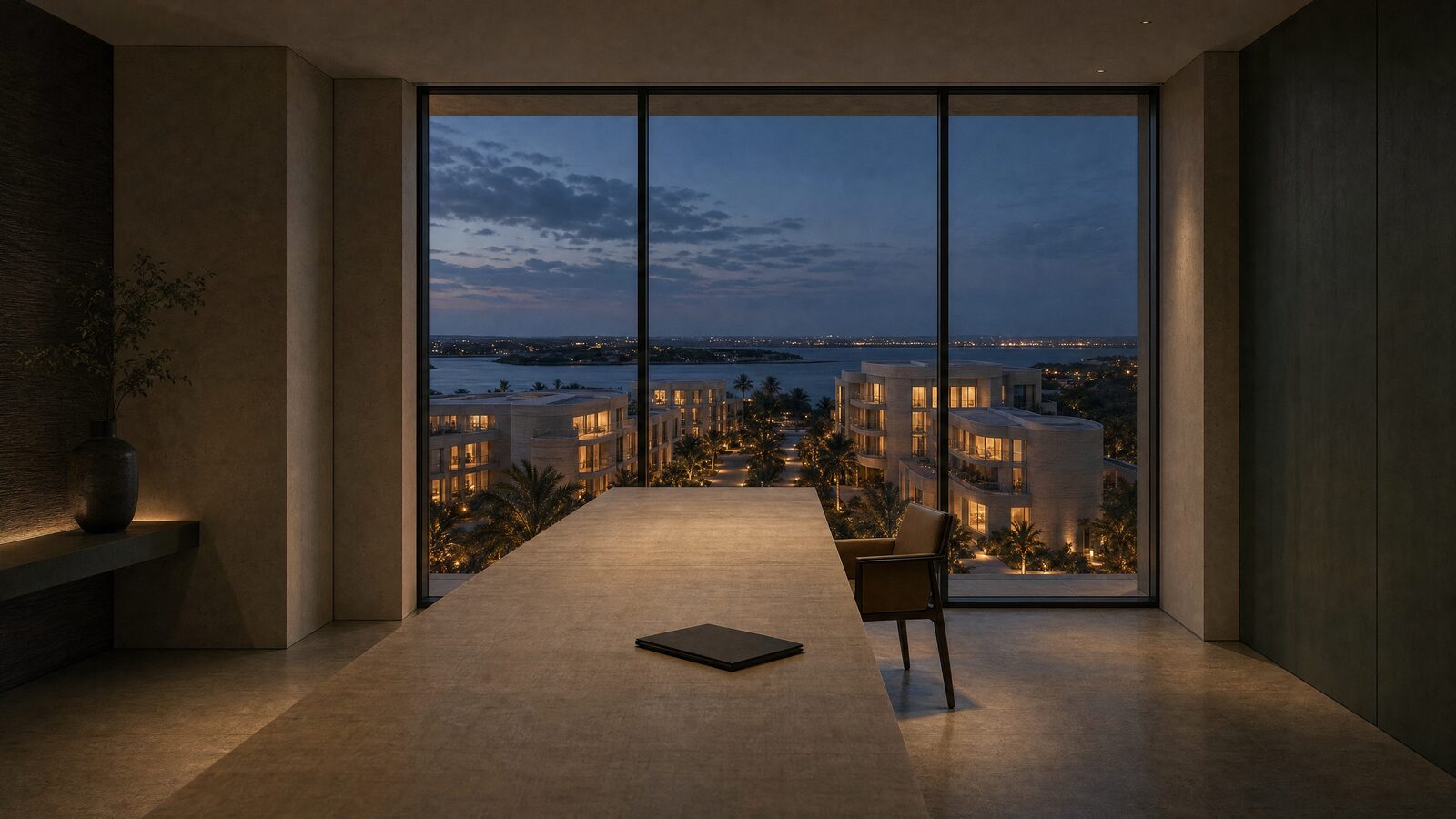 A quiet institutional meeting room at dusk: a long table, a single chair, and a low-rise city through the window. No people.