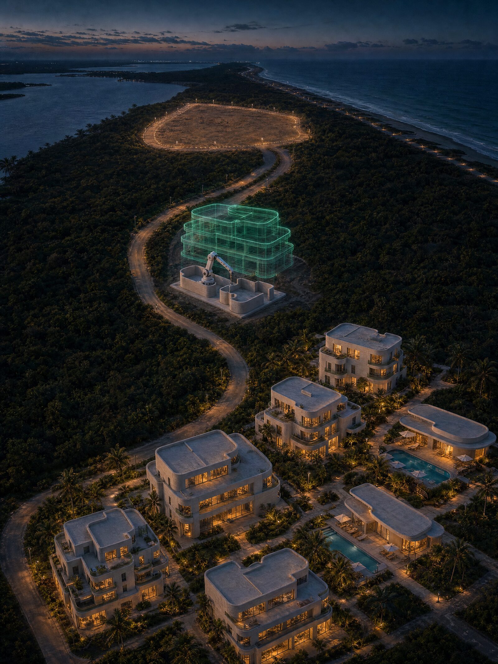 Aerial dusk view of a coastal development, with a green digital-twin wireframe over a building under construction and the robotic arm beside it.