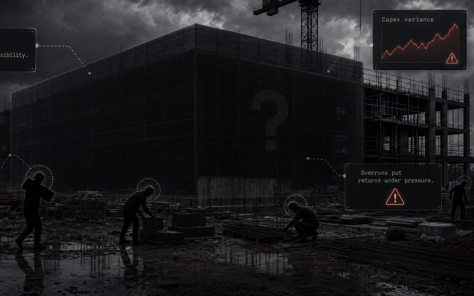 A stalled conventional construction site in the rain, worked by manual labour.