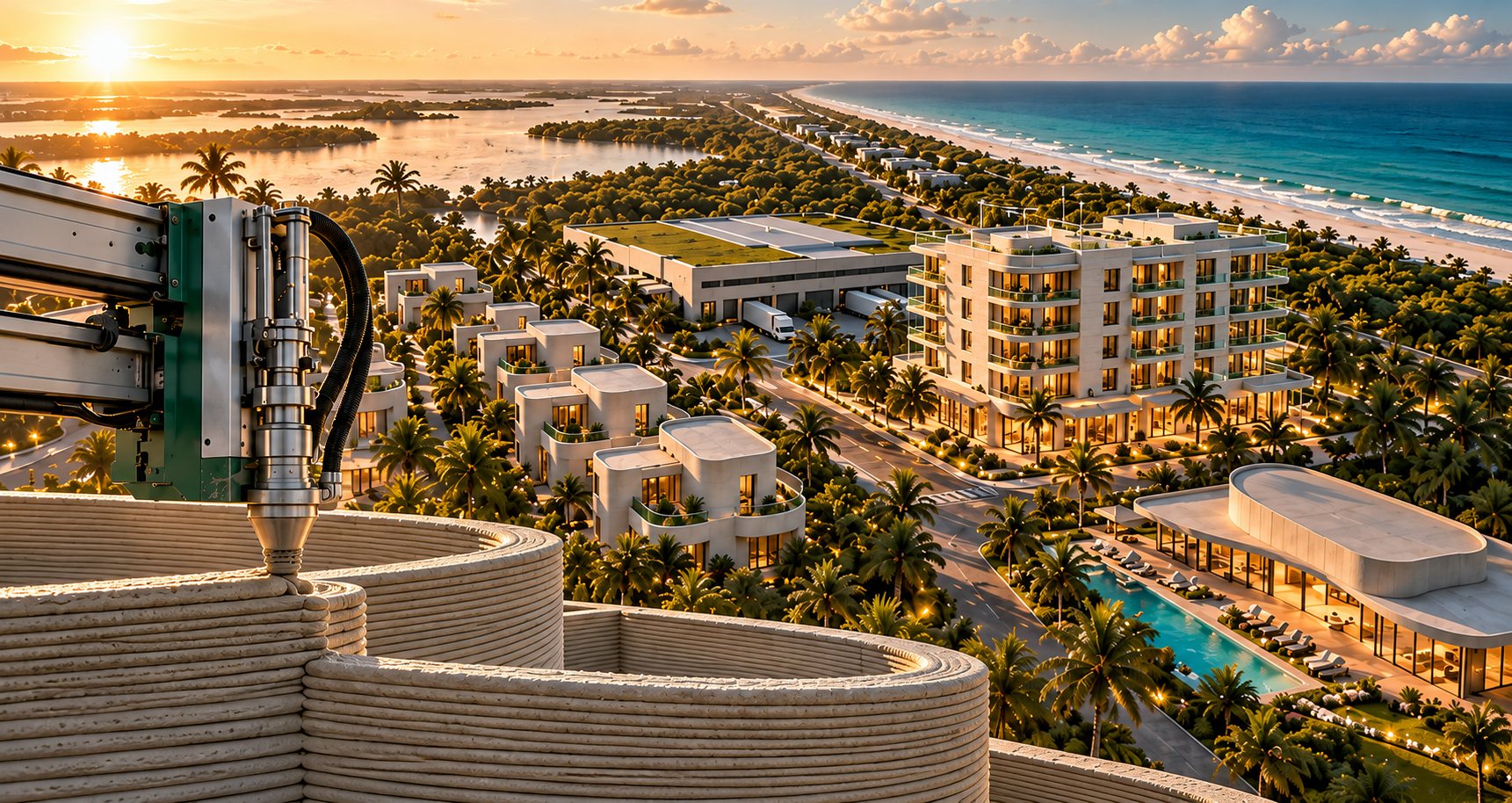 Aerial view of a coastal HOMNOX development at sunset, with a robotic printing arm in the foreground.