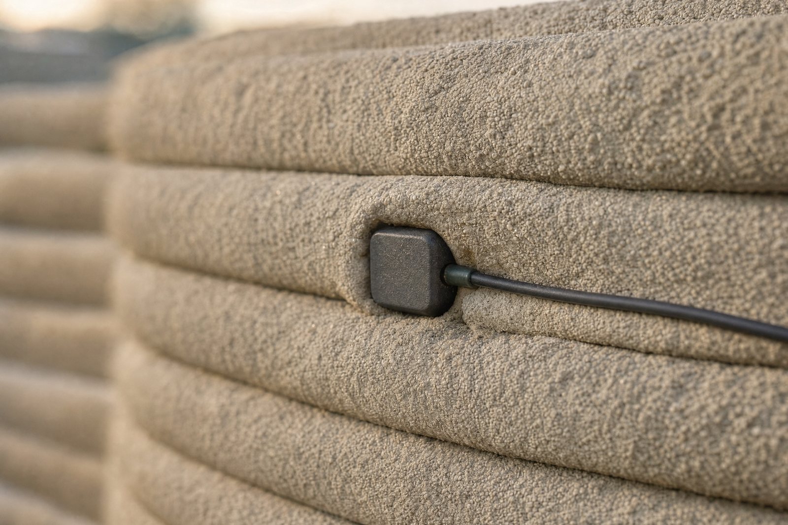 Macro view of a robotically printed concrete wall, with a sensor and cable embedded in the layers.