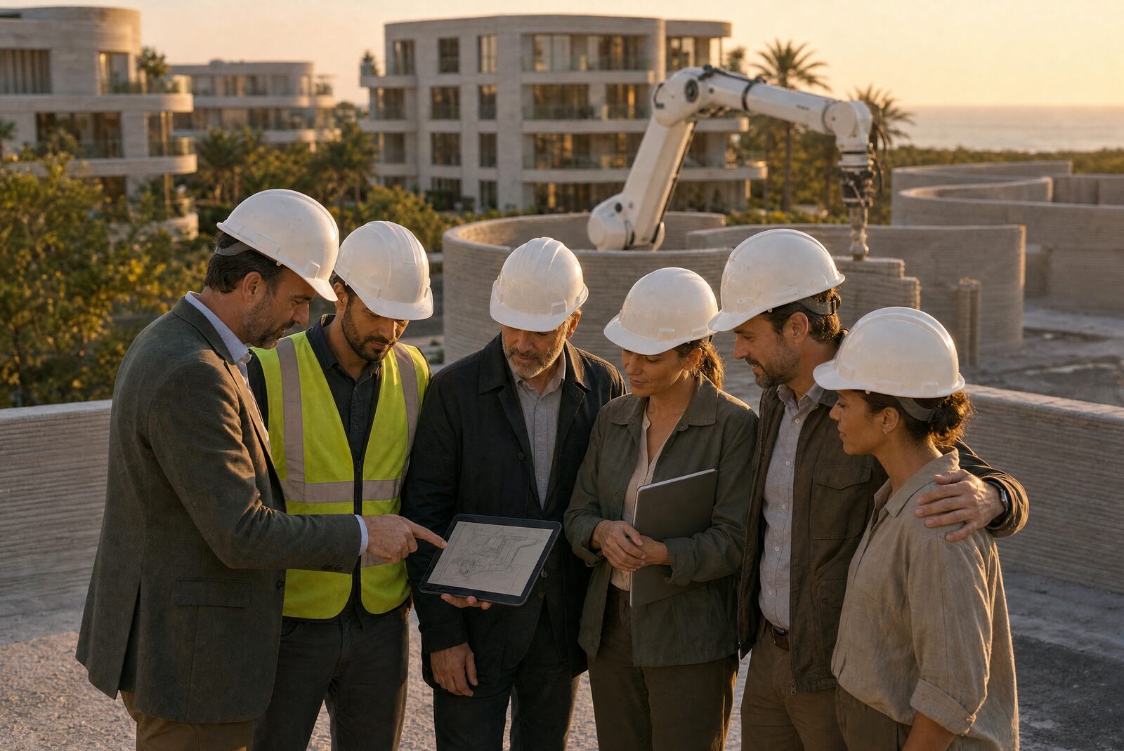 A developer, an engineer and an insurer reviewing a drawing on a tablet at the edge of a construction slab, with a robotic arm and low-rise buildings behind them.