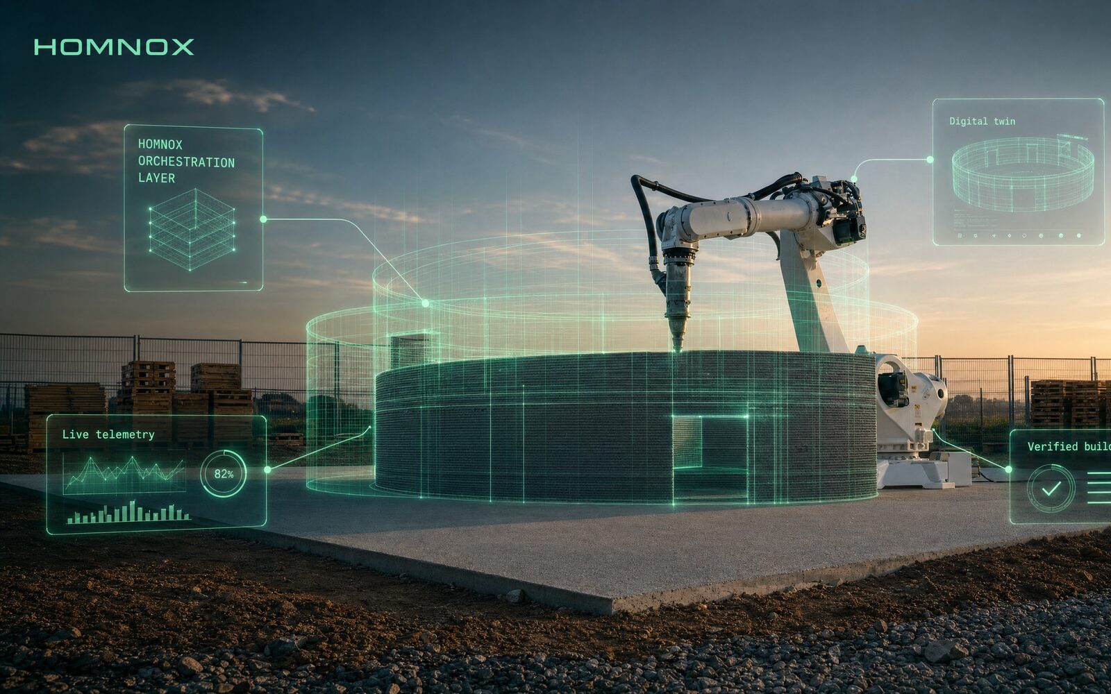 A robotic arm printing a curved concrete wall on site at golden hour.