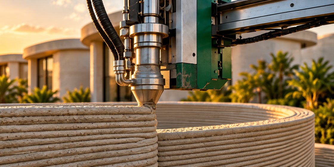 A robotic arm printing a layered concrete wall at golden hour.
