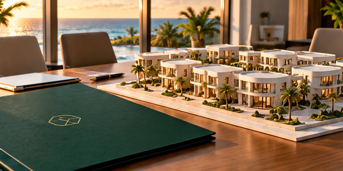 A meeting table with a green folder and a physical model of a coastal development.