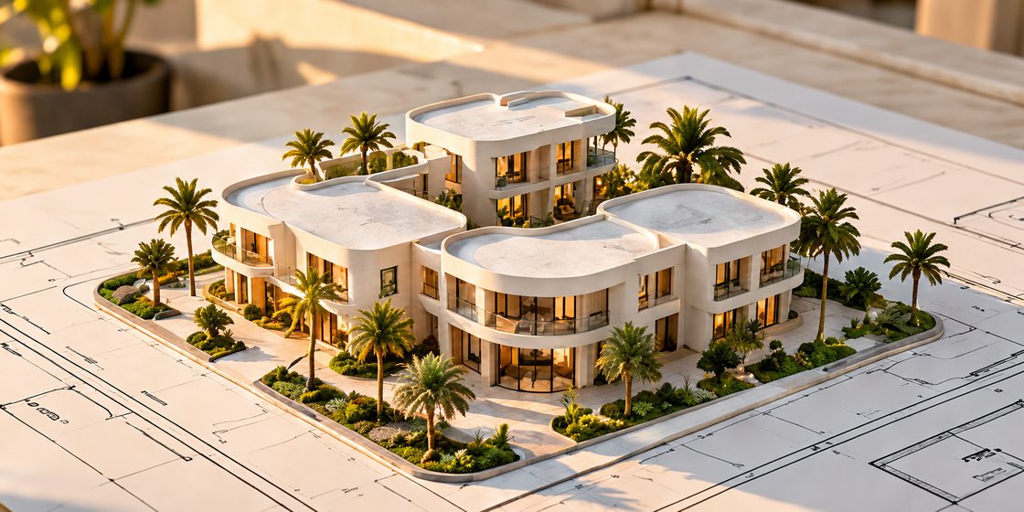 An architectural model of a low-rise coastal building on a blueprint.