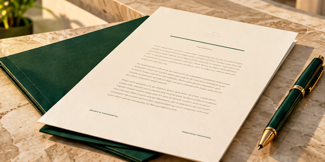 A letter of intent on a desk beside a green folder and a pen.