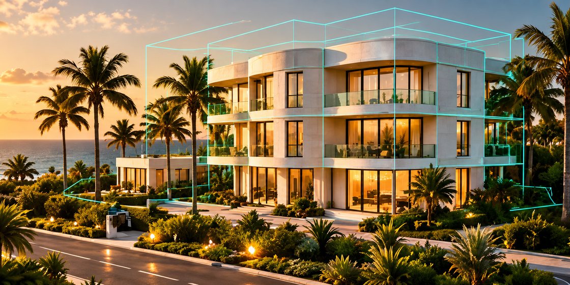 A completed coastal building at dusk, outlined by a green digital wireframe.