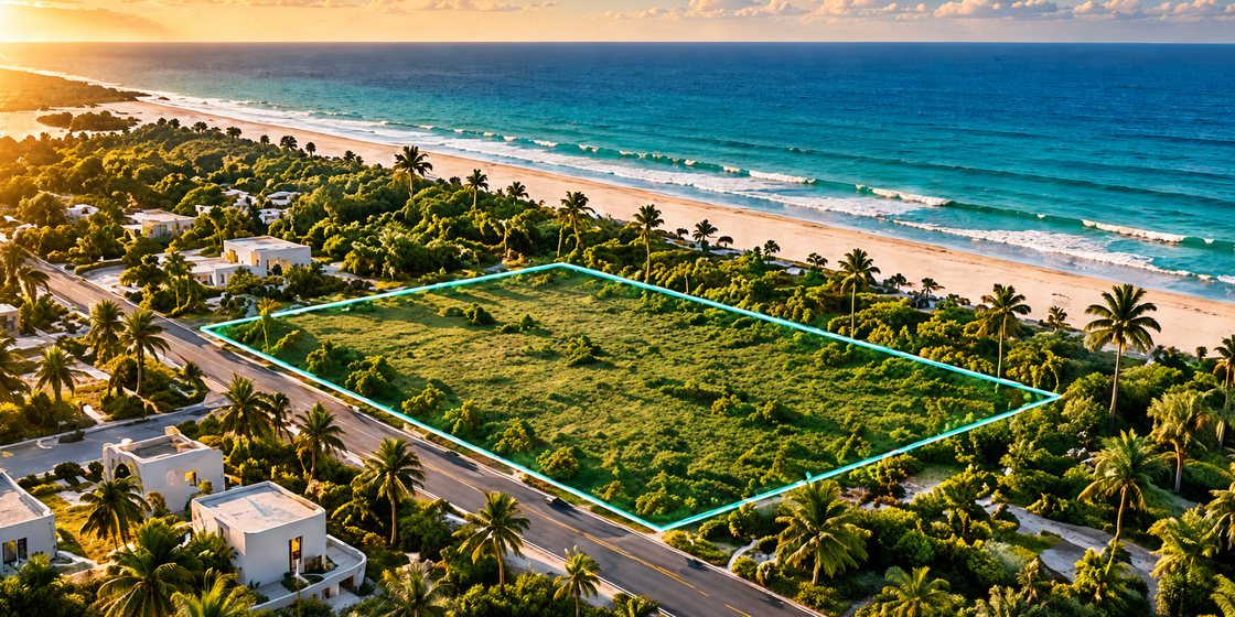 Aerial view of a coastal site outlined in green, between the beach and the road.