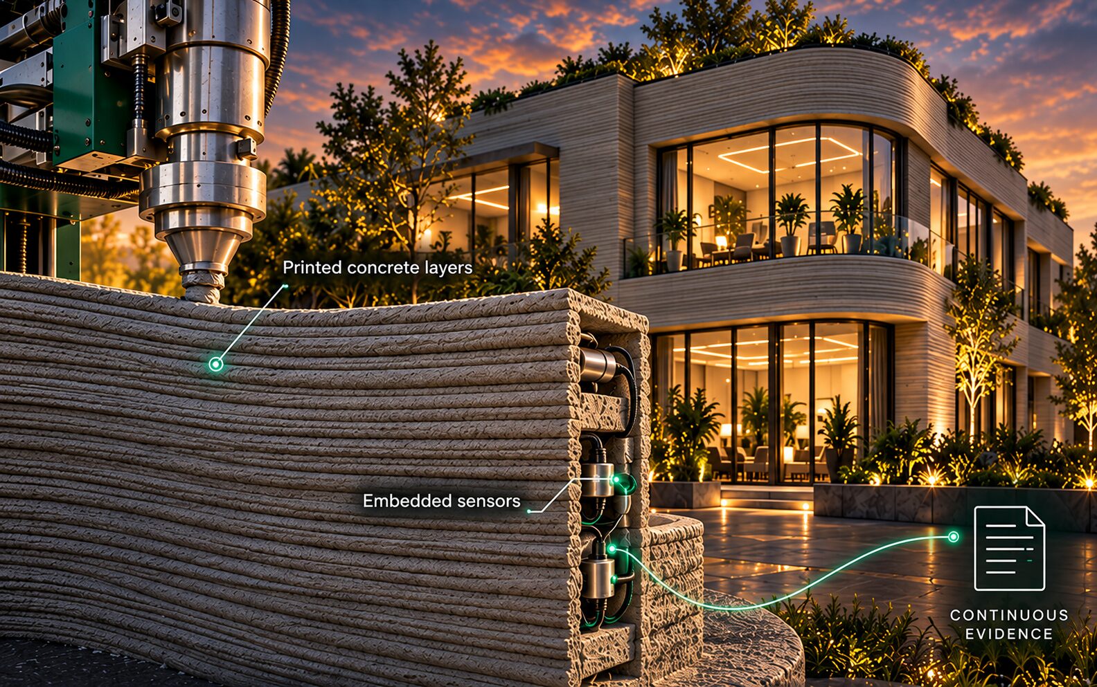 A robotic print head extruding layered concrete beside a cut-away wall section showing embedded sensors and cabling, labelled 'printed concrete layers' and 'embedded sensors', with a finished printed building behind and a 'continuous evidence' callout.